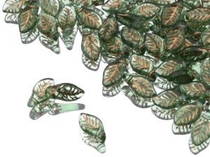 Намистини Лаврові листочки 6×12 мм Transparent Green Gold Matted Finish