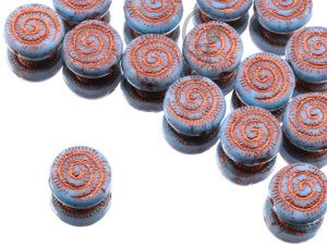 Намистини Монетки зі спіральним орнаментом 14 мм Opaque Aquamarine Copper Finish